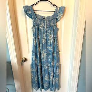 Flutter-Sleeve Floral Tiered Smocked Midi Swing Dress S NEVER WORN